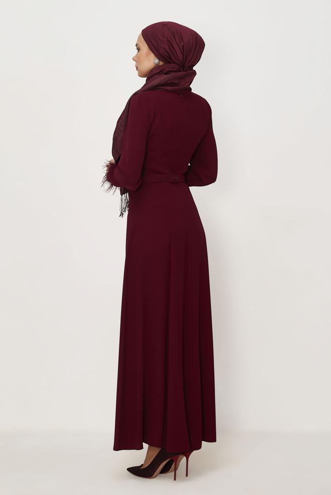 Hijab clothing BEIGE BELTED FEATHER DETAILED DRESS 46369 - ALVİNA