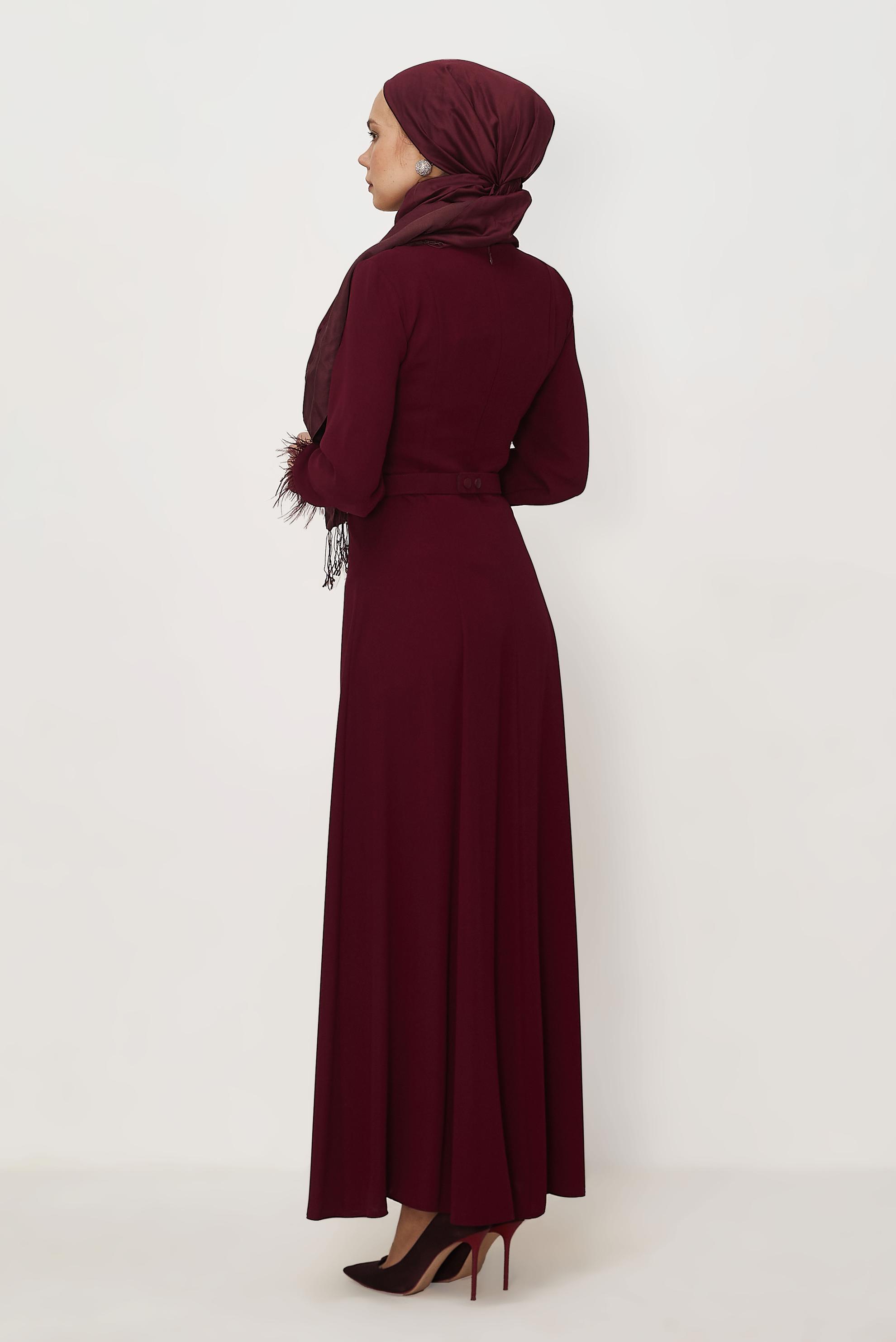 Hijab clothing BEIGE BELTED FEATHER DETAILED DRESS 46369