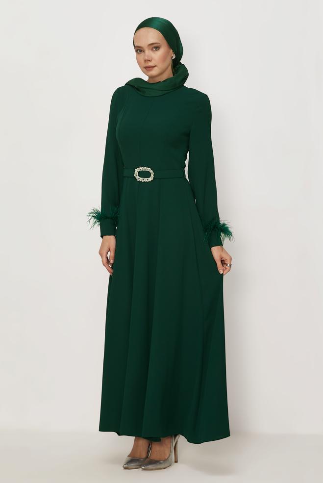 Hijab clothing BEIGE BELTED FEATHER DETAILED DRESS 46369 - ALVİNA