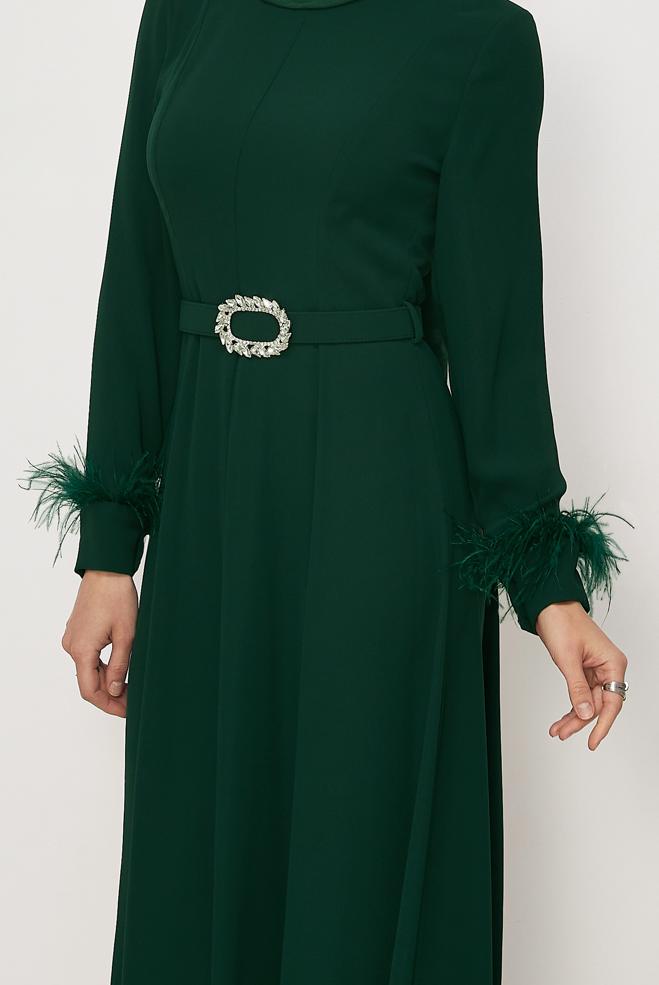 Hijab clothing BEIGE BELTED FEATHER DETAILED DRESS 46369 - ALVİNA