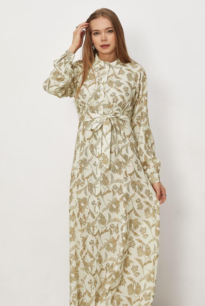 Hijab-Kleidung BRAUN GEMUSTERTES KLEID MIT GÜRTEL 46378 - ALVİNA