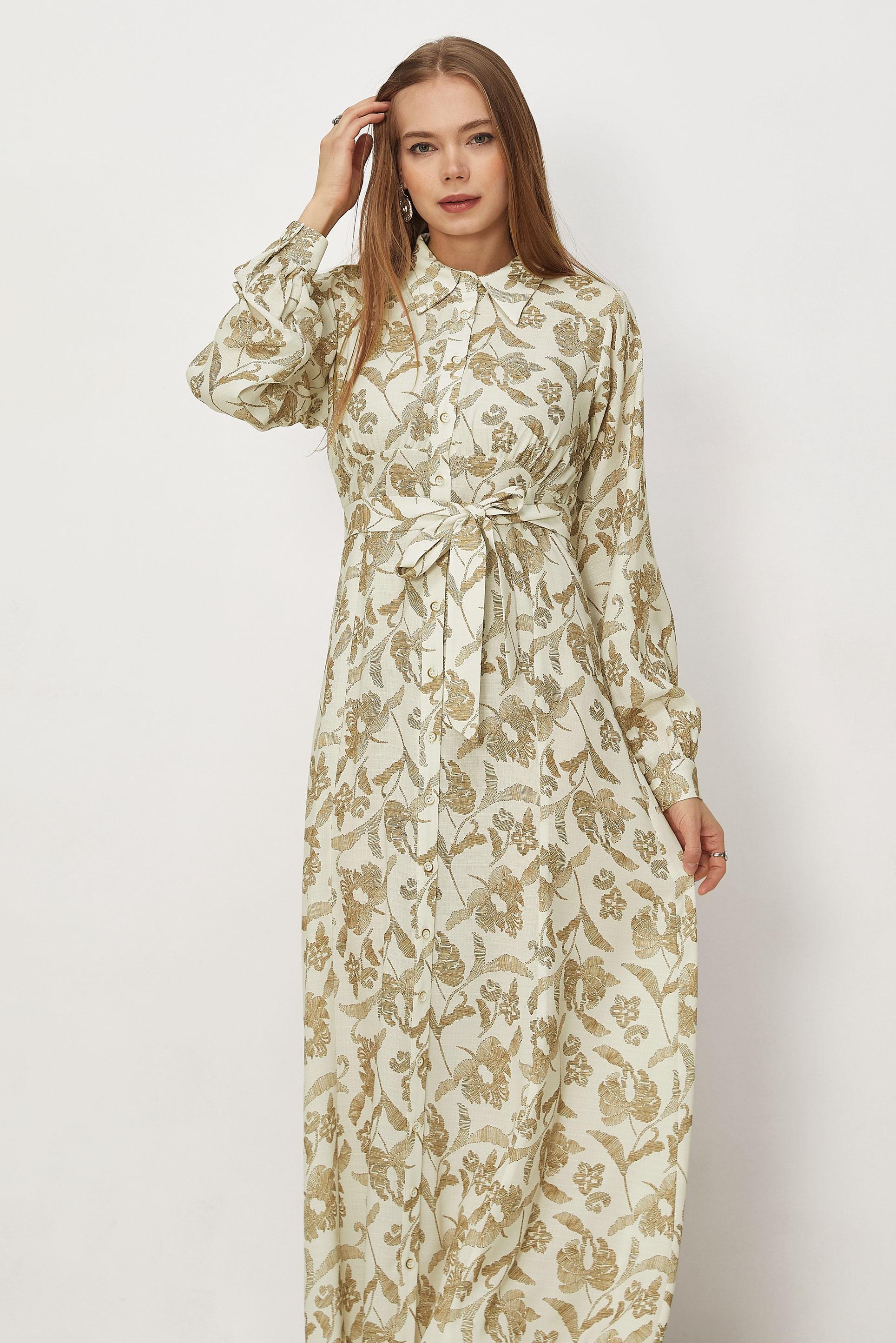 Hijab-Kleidung BRAUN GEMUSTERTES KLEID MIT GÜRTEL 46378