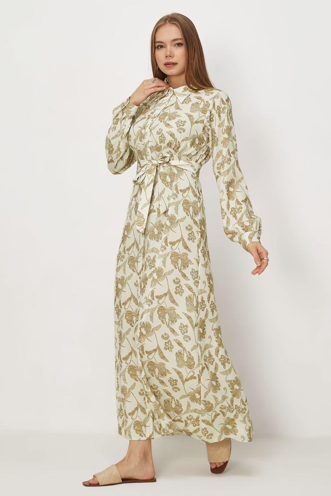 Hijab-Kleidung BRAUN GEMUSTERTES KLEID MIT GÜRTEL 46378 - ALVİNA