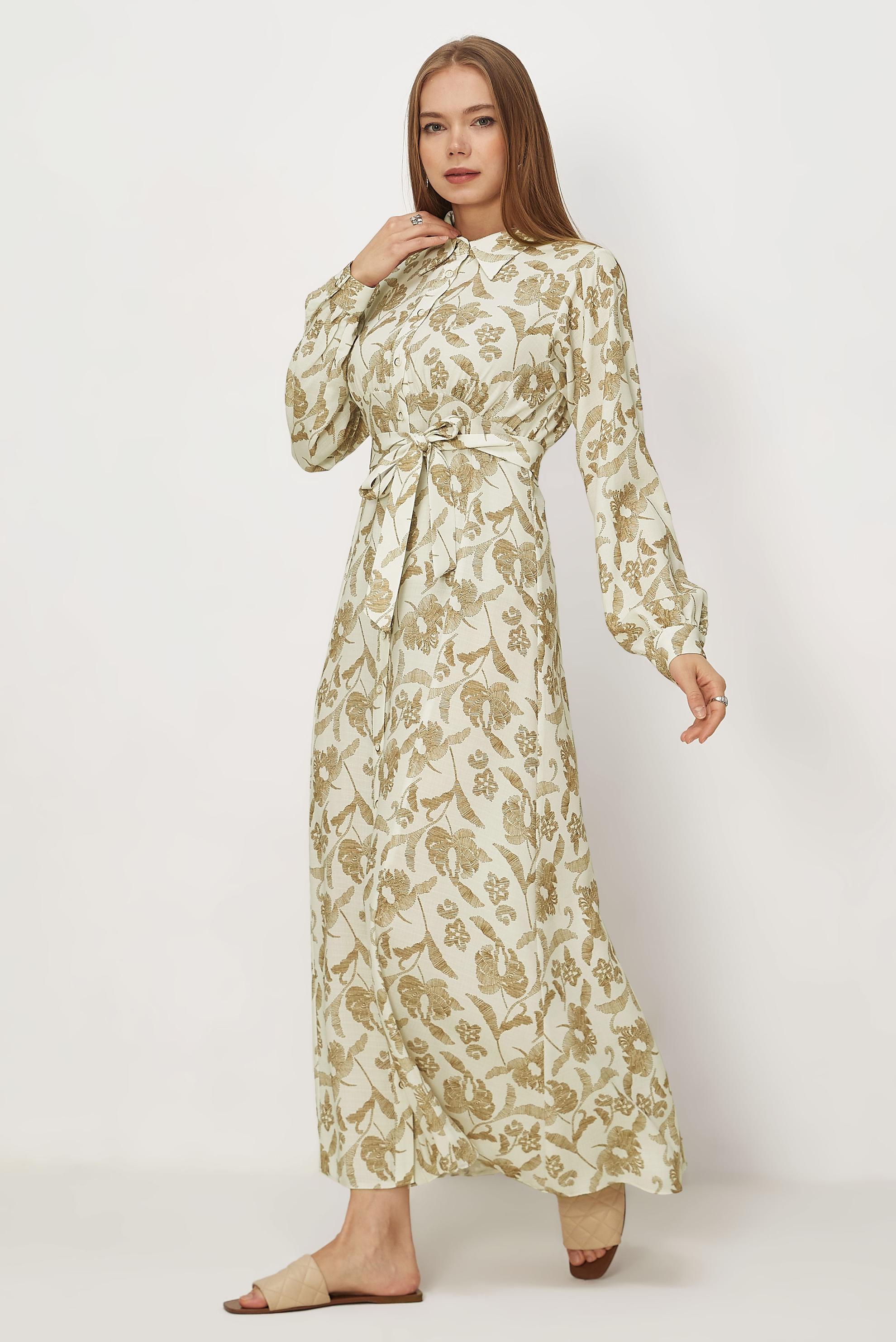 Hijab-Kleidung BRAUN GEMUSTERTES KLEID MIT GÜRTEL 46378