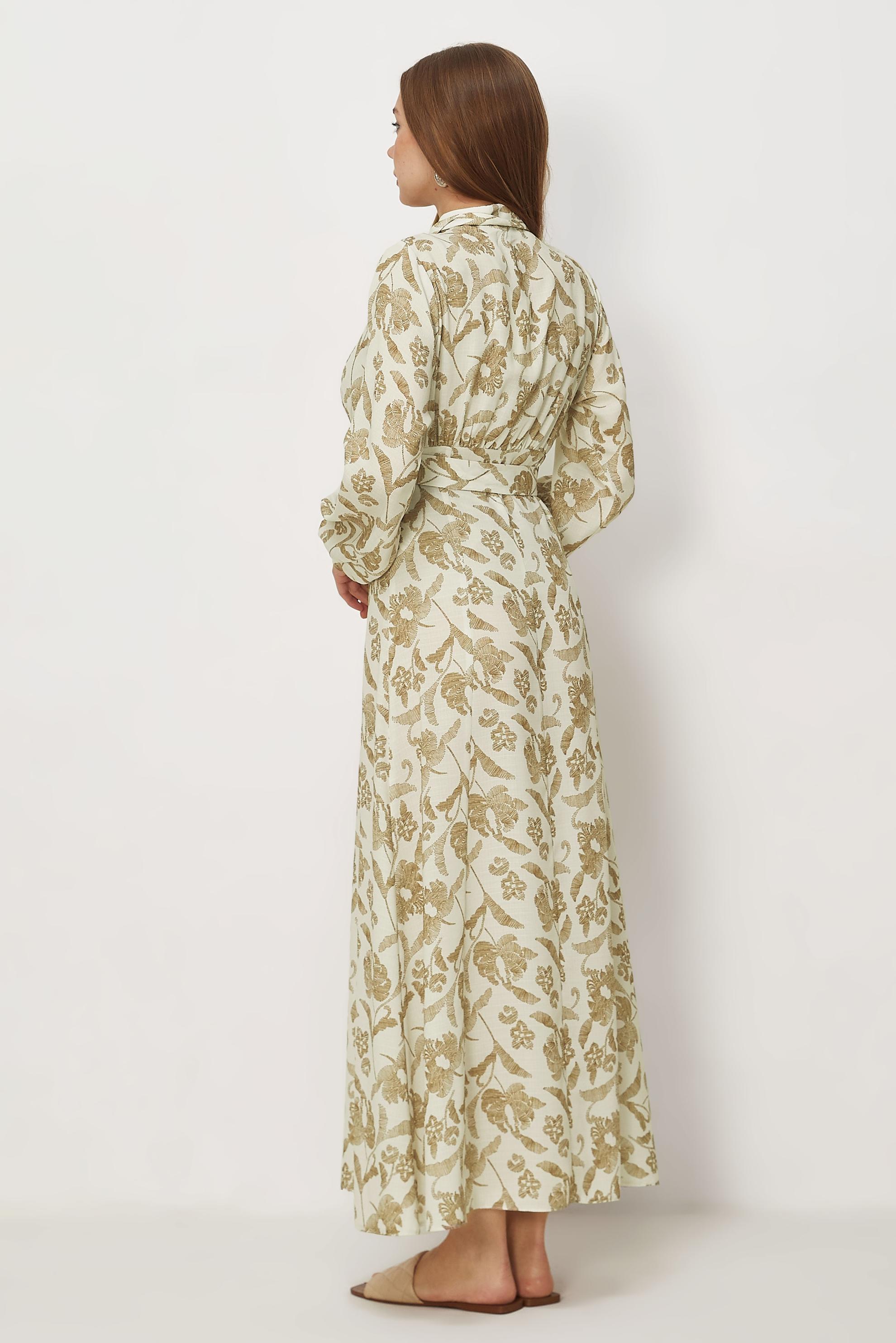 Hijab-Kleidung BRAUN GEMUSTERTES KLEID MIT GÜRTEL 46378