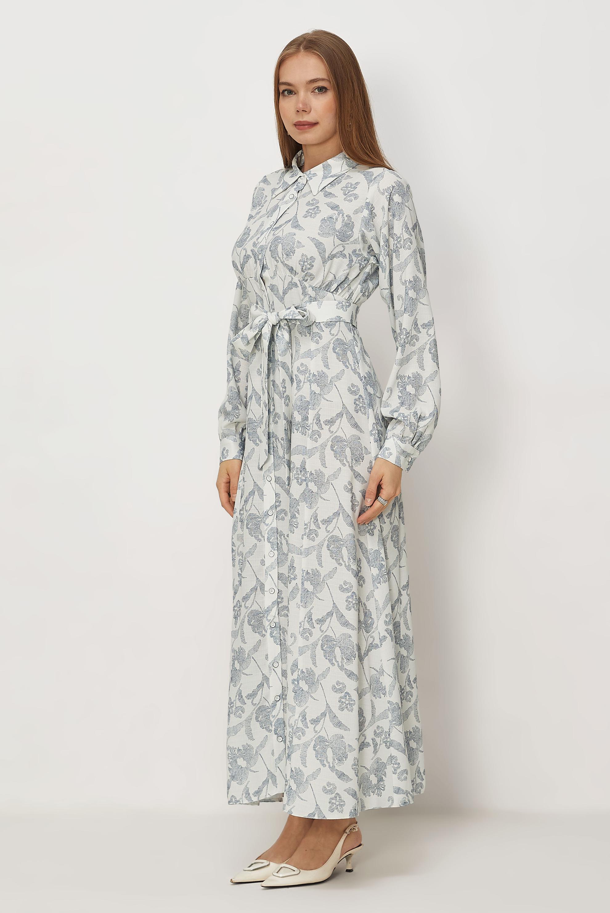 Hijab-Kleidung NAVY BLAU GEMUSTERTES KLEID MIT GÜRTEL 46378