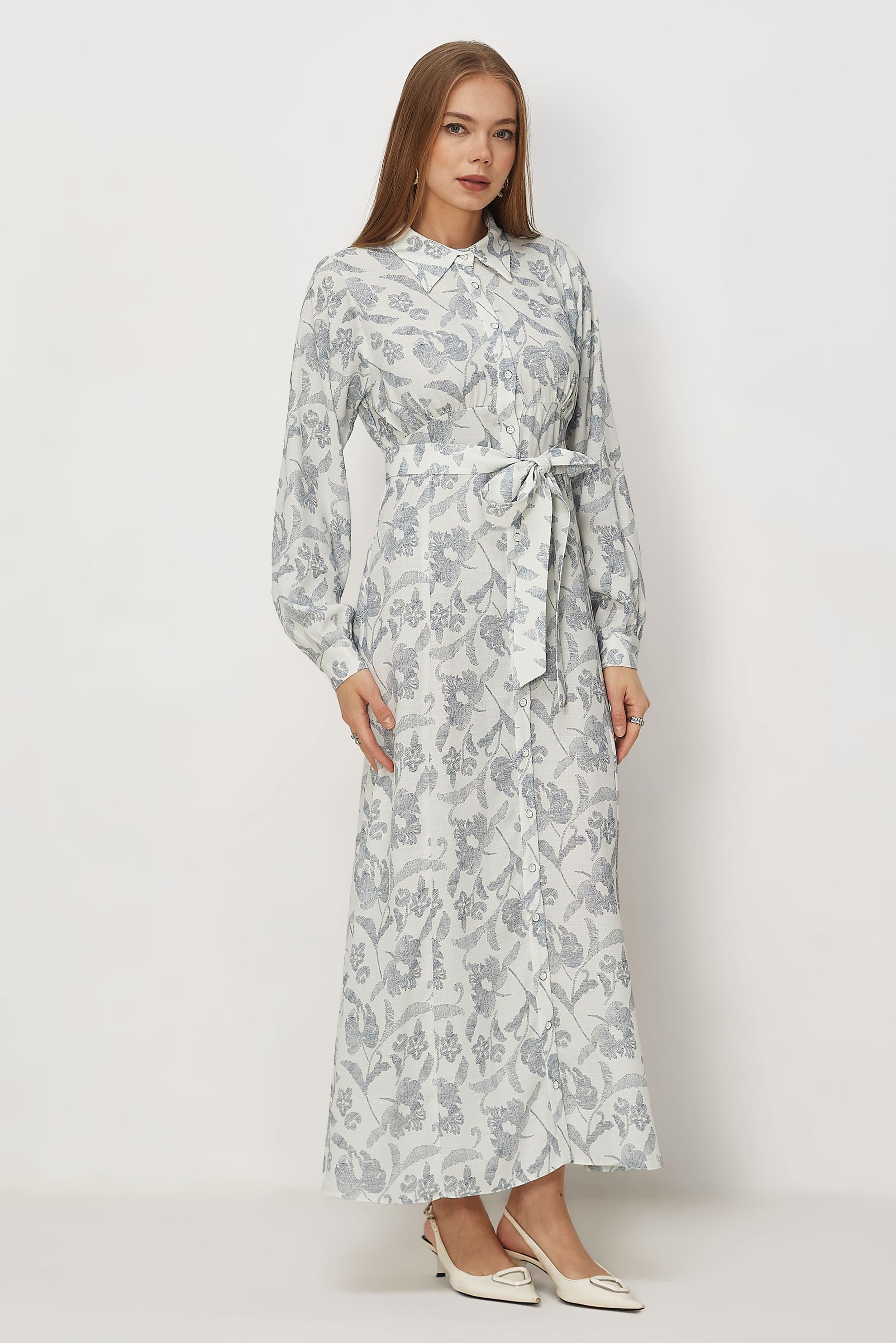 Hijab-Kleidung NAVY BLAU GEMUSTERTES KLEID MIT GÜRTEL 46378