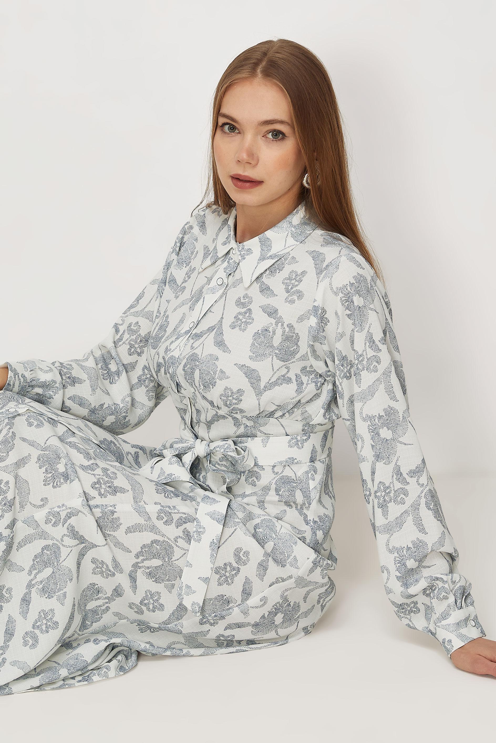 Hijab-Kleidung NAVY BLAU GEMUSTERTES KLEID MIT GÜRTEL 46378