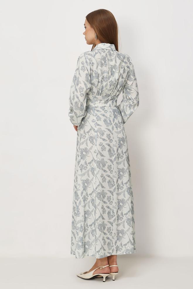 Hijab-Kleidung NAVY BLAU GEMUSTERTES KLEID MIT GÜRTEL 46378 - ALVİNA