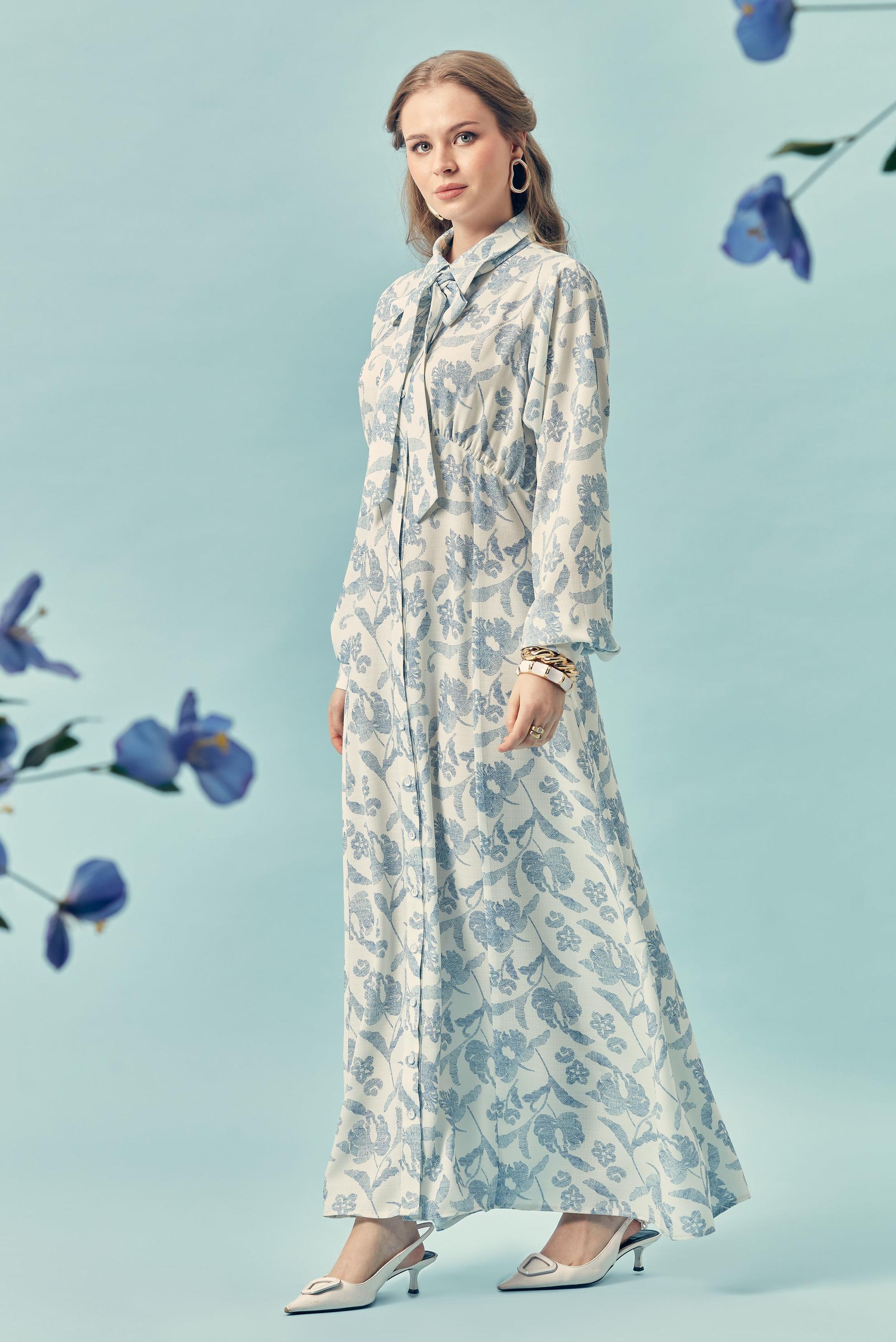 Hijab-Kleidung NAVY BLAU GEMUSTERTES KLEID MIT GÜRTEL 46378