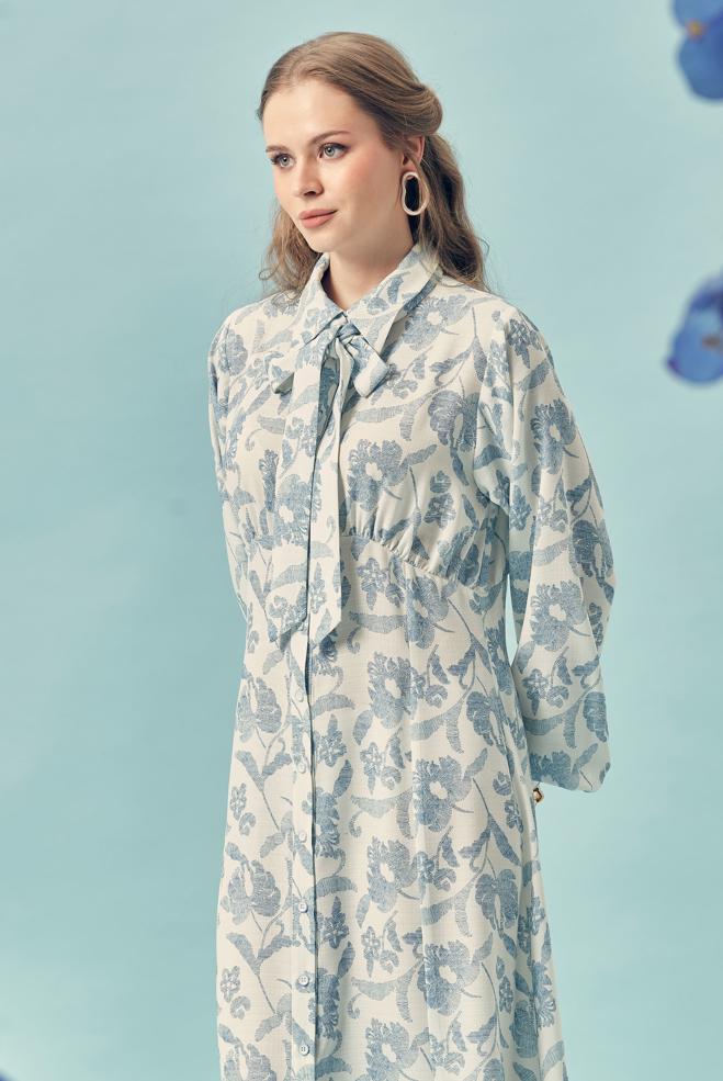 Hijab-Kleidung NAVY BLAU GEMUSTERTES KLEID MIT GÜRTEL 46378 - ALVİNA