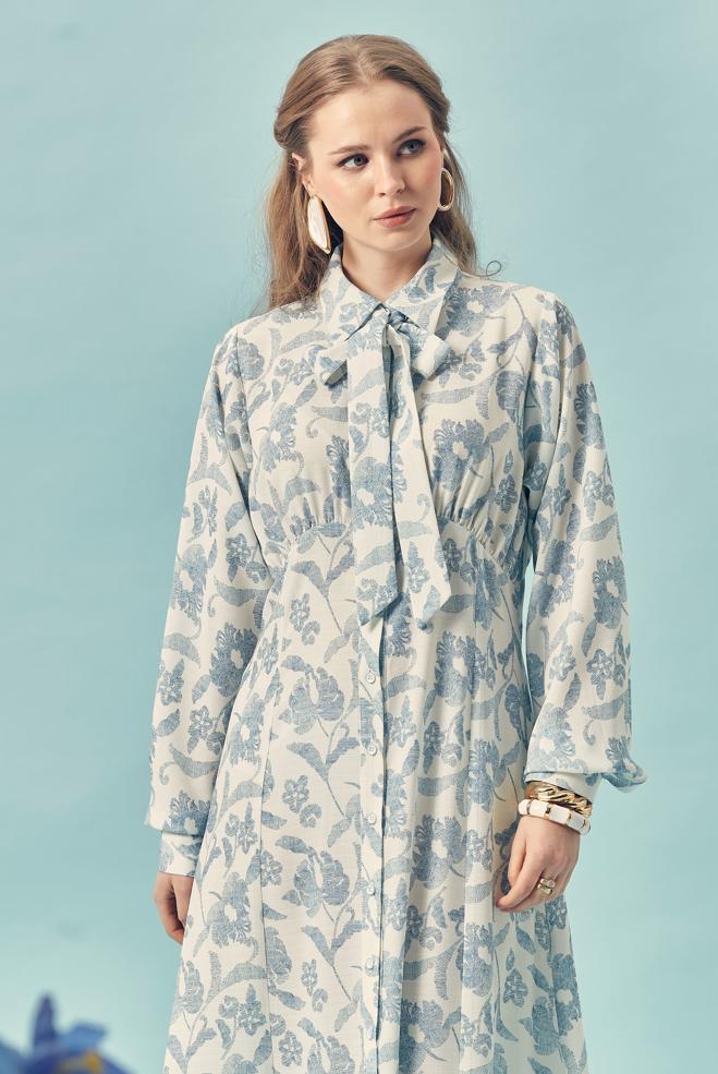 Hijab-Kleidung NAVY BLAU GEMUSTERTES KLEID MIT GÜRTEL 46378 - ALVİNA