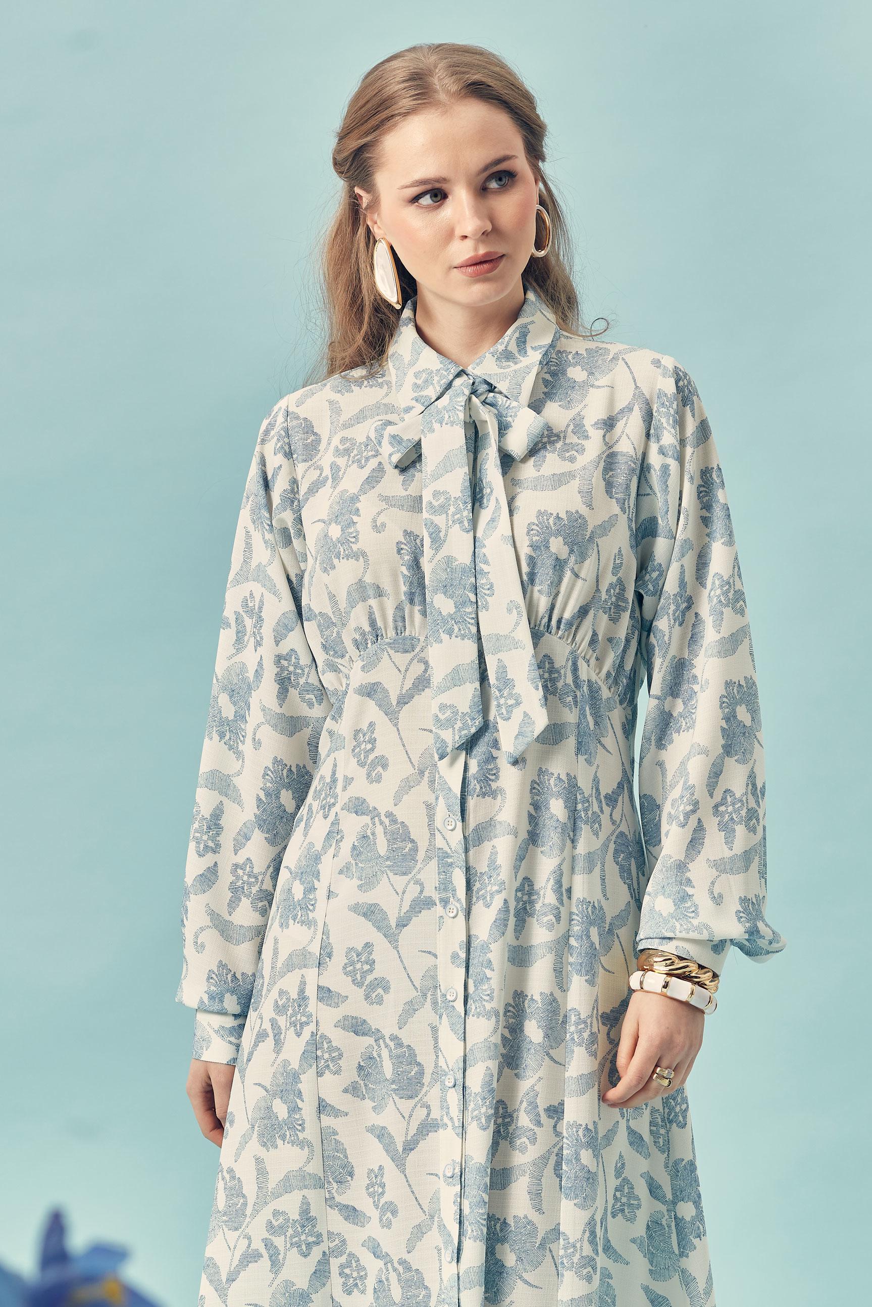 Hijab-Kleidung NAVY BLAU GEMUSTERTES KLEID MIT GÜRTEL 46378