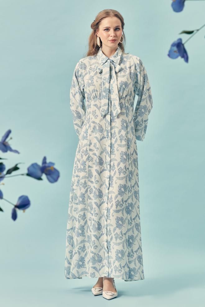 Hijab-Kleidung NAVY BLAU GEMUSTERTES KLEID MIT GÜRTEL 46378 - ALVİNA