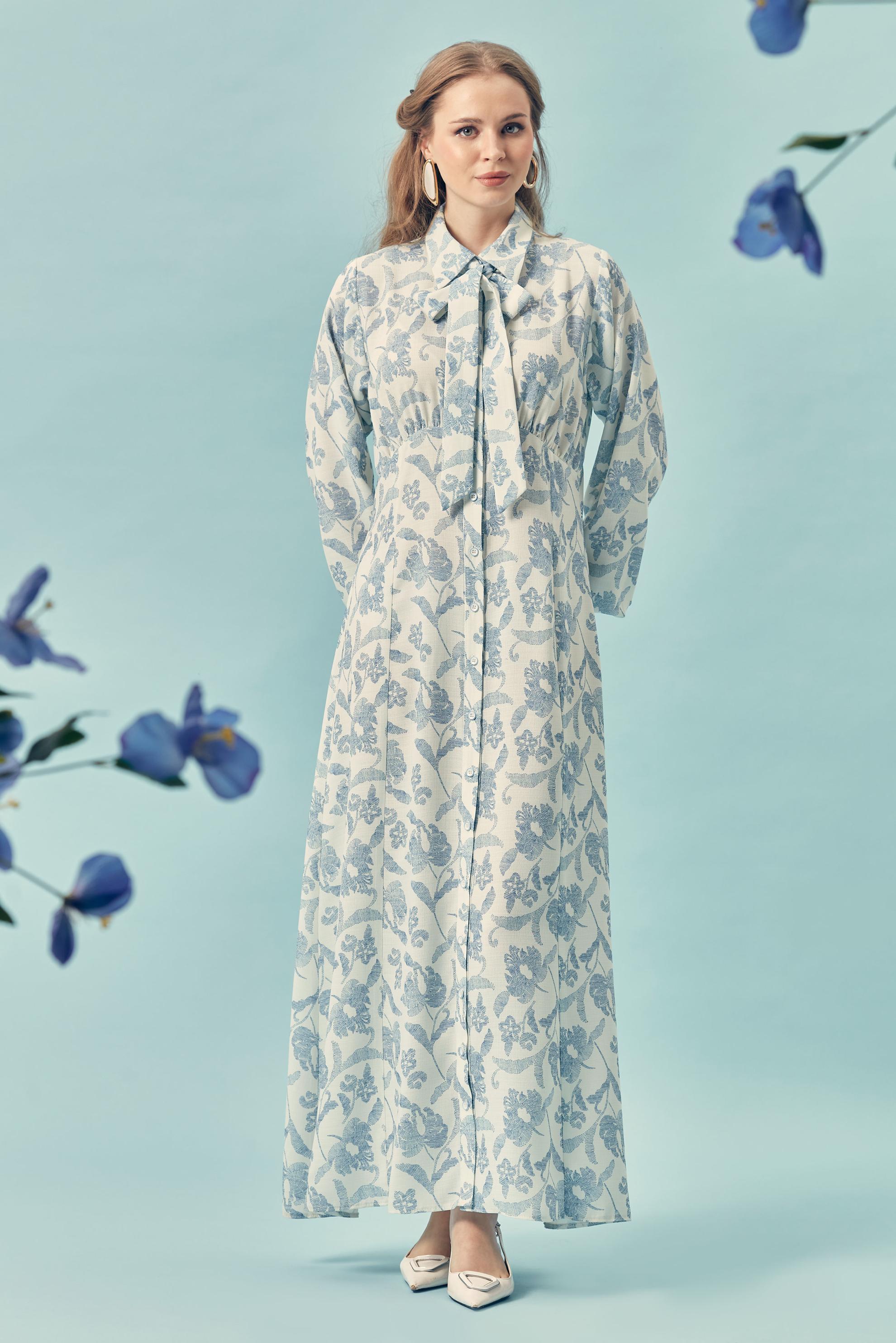 Hijab-Kleidung NAVY BLAU GEMUSTERTES KLEID MIT GÜRTEL 46378