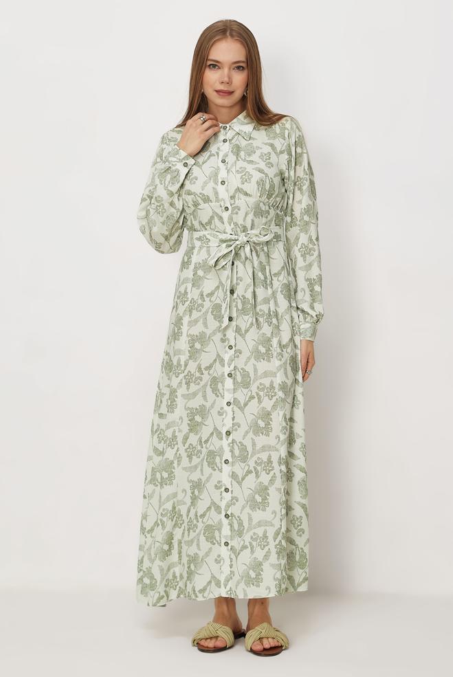 Hijab-Kleidung GRÜN GEMUSTERTES KLEID MIT GÜRTEL 46378 - ALVİNA