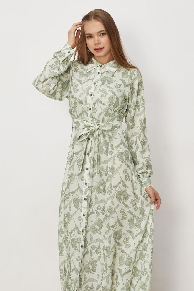 Hijab-Kleidung GRÜN GEMUSTERTES KLEID MIT GÜRTEL 46378 - ALVİNA