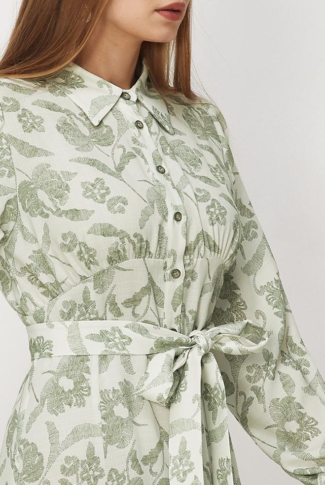 Hijab-Kleidung GRÜN GEMUSTERTES KLEID MIT GÜRTEL 46378 - ALVİNA