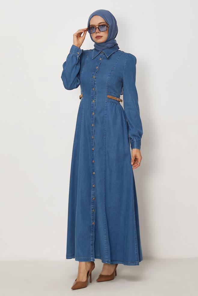 Hijab clothing BLUE BELTED DENIM DRESS 46410 - ALVİNA