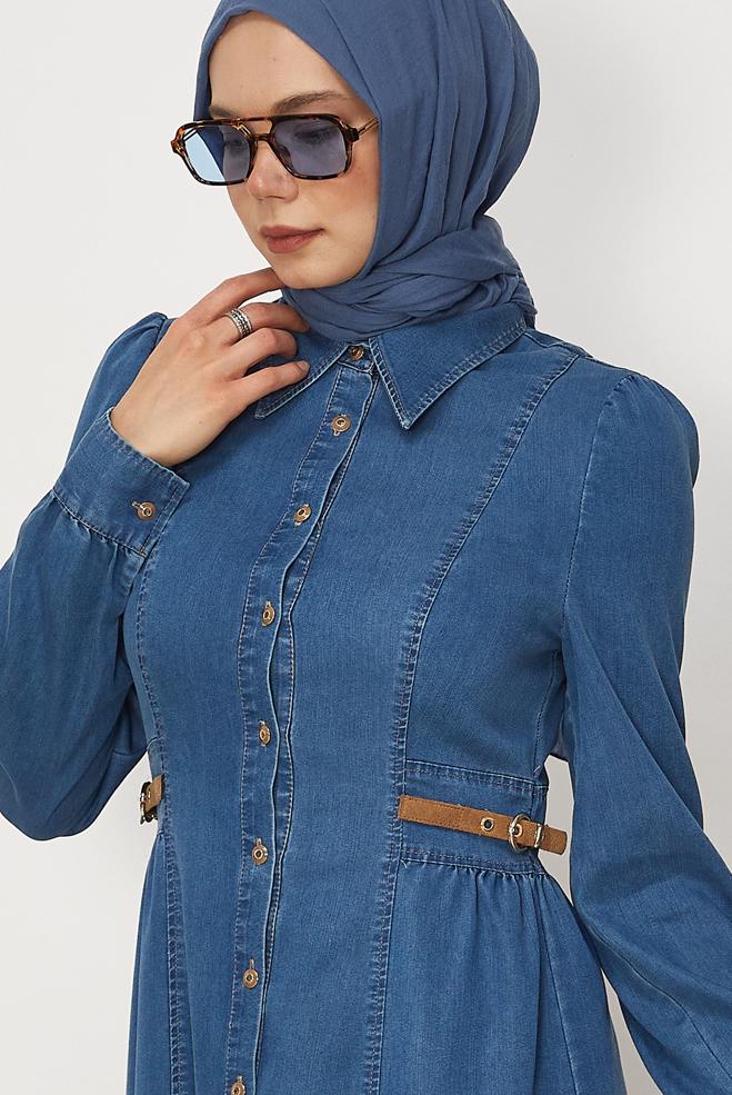Hijab clothing BLUE BELTED DENIM DRESS 46410 - ALVİNA
