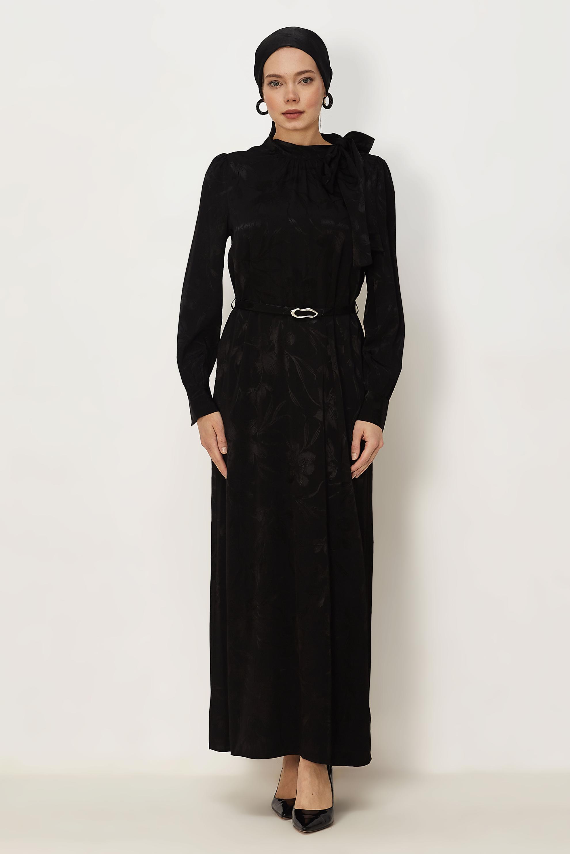 Hijab clothing BLACK BELTED SATIN JACQUARD DRESS 46411