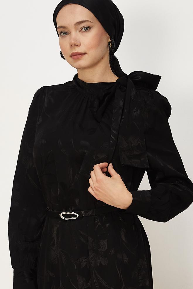 Hijab clothing BLACK BELTED SATIN JACQUARD DRESS 46411 - ALVİNA