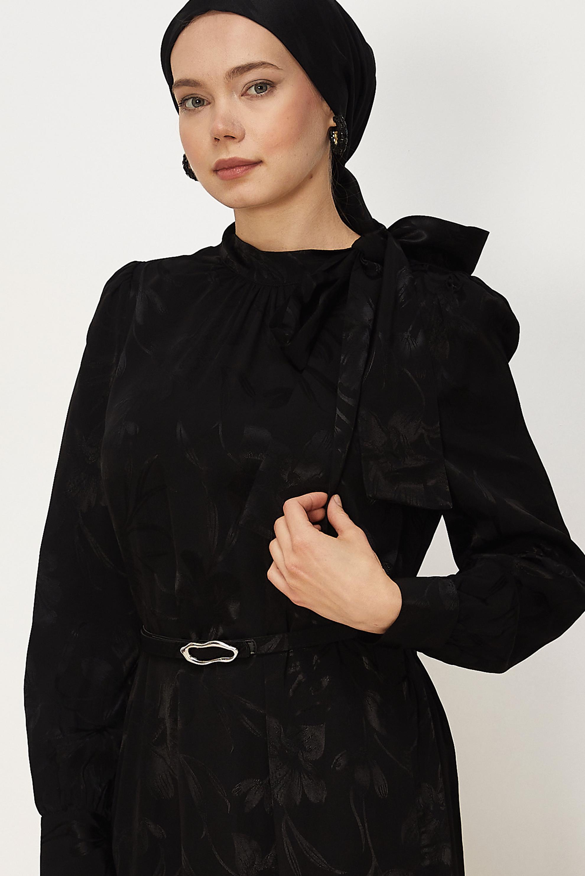 Hijab clothing BLACK BELTED SATIN JACQUARD DRESS 46411