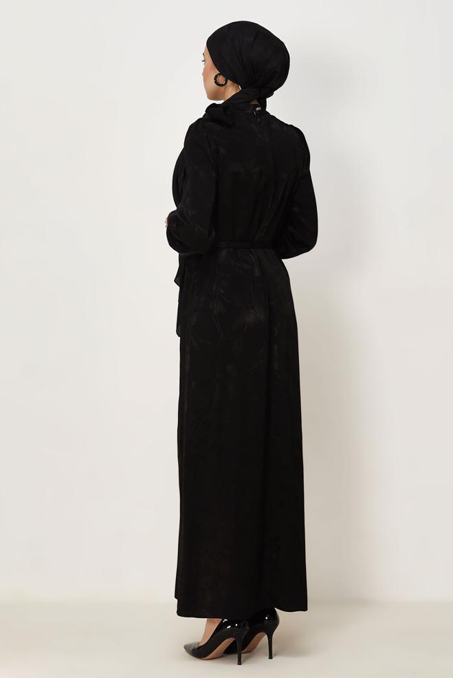 Hijab clothing BLACK BELTED SATIN JACQUARD DRESS 46411 - ALVİNA
