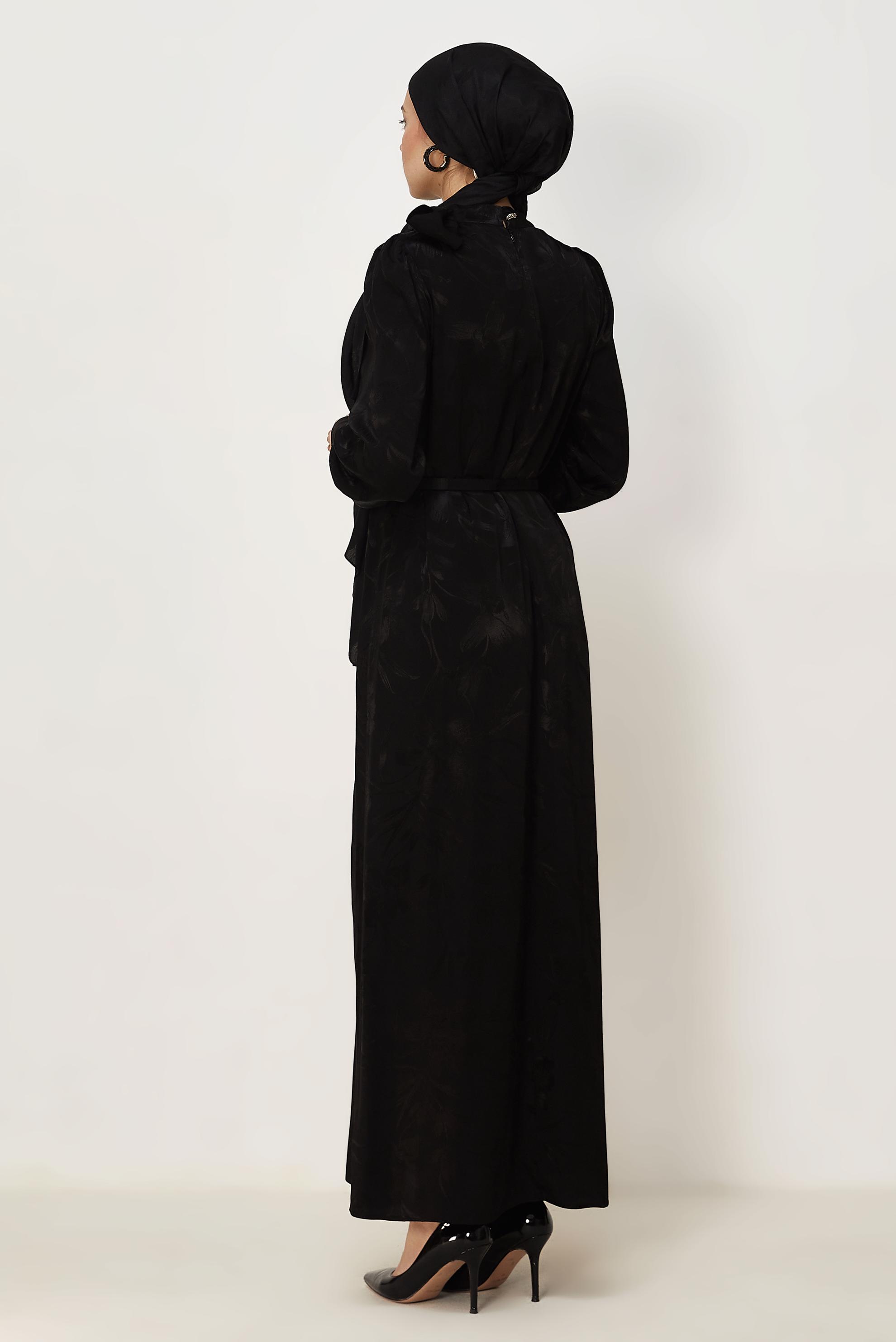 Hijab clothing BLACK BELTED SATIN JACQUARD DRESS 46411
