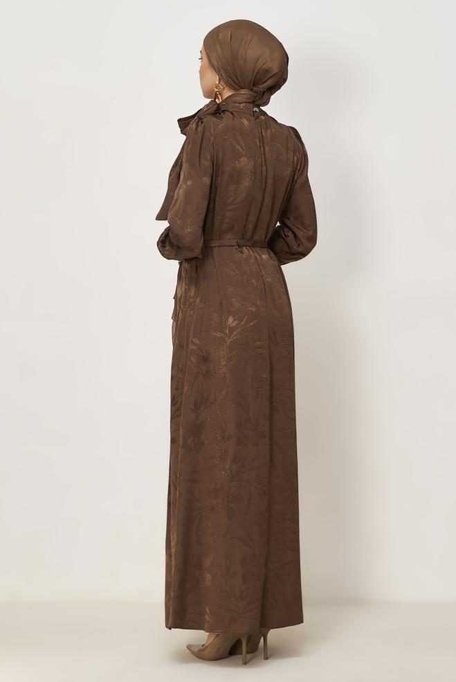 Hijab clothing BROWN BELTED SATIN JACQUARD DRESS 46411 - ALVİNA