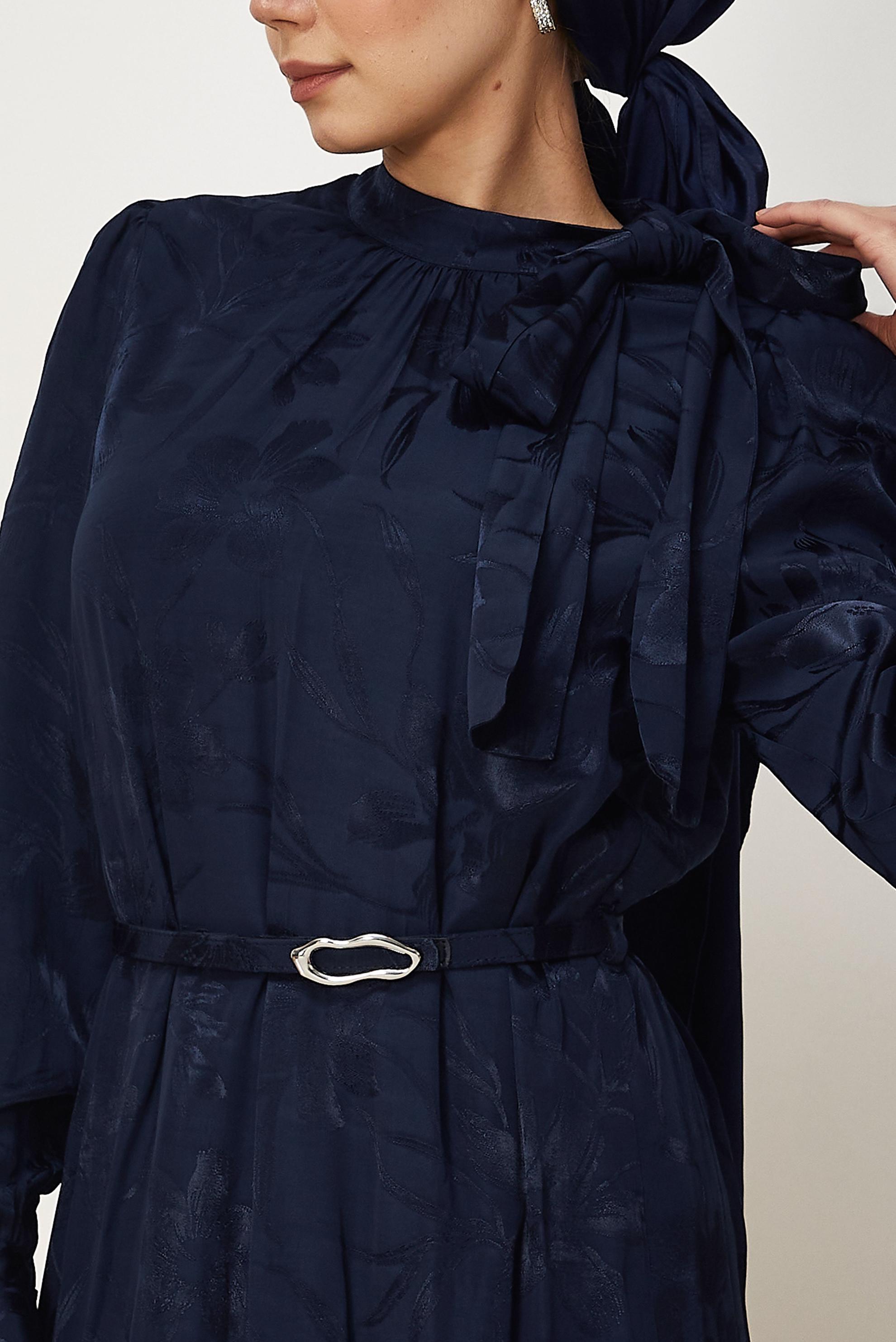 Hijab clothing NAVY BLUE BELTED SATIN JACQUARD DRESS 46411