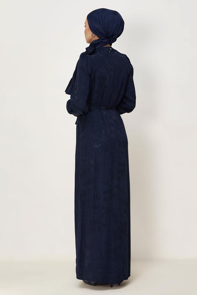 Hijab clothing NAVY BLUE BELTED SATIN JACQUARD DRESS 46411 - ALVİNA