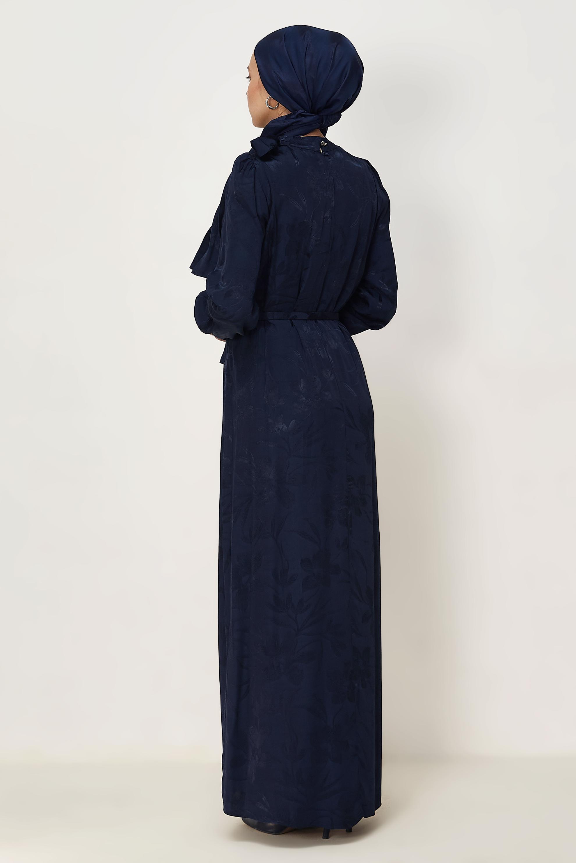 Hijab clothing NAVY BLUE BELTED SATIN JACQUARD DRESS 46411