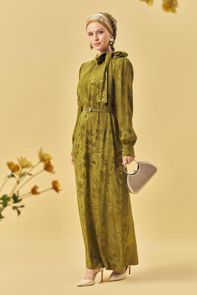 Hijab clothing BEIGE BELTED SATIN JACQUARD DRESS 46411 - ALVİNA