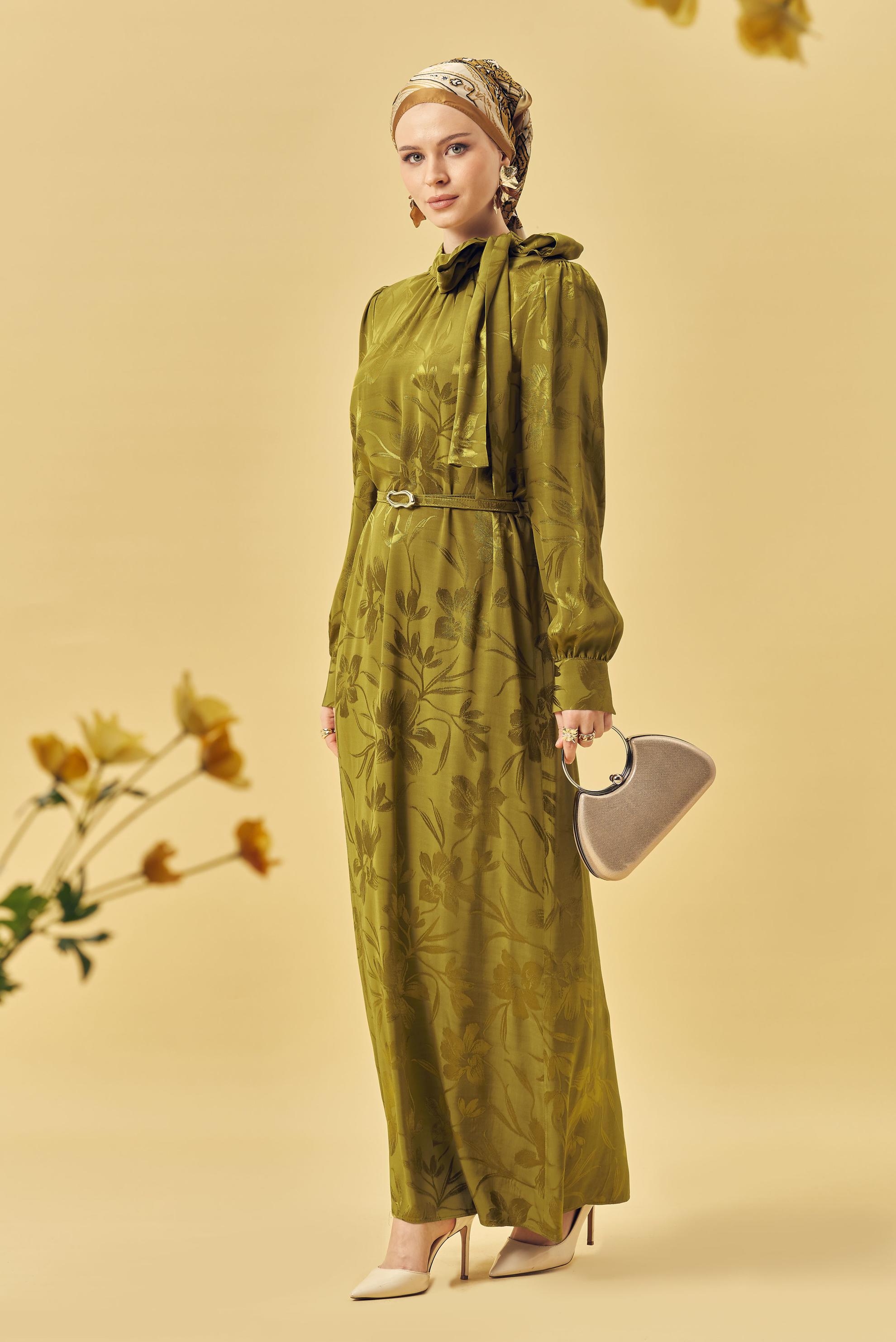 Hijab clothing BEIGE BELTED SATIN JACQUARD DRESS 46411