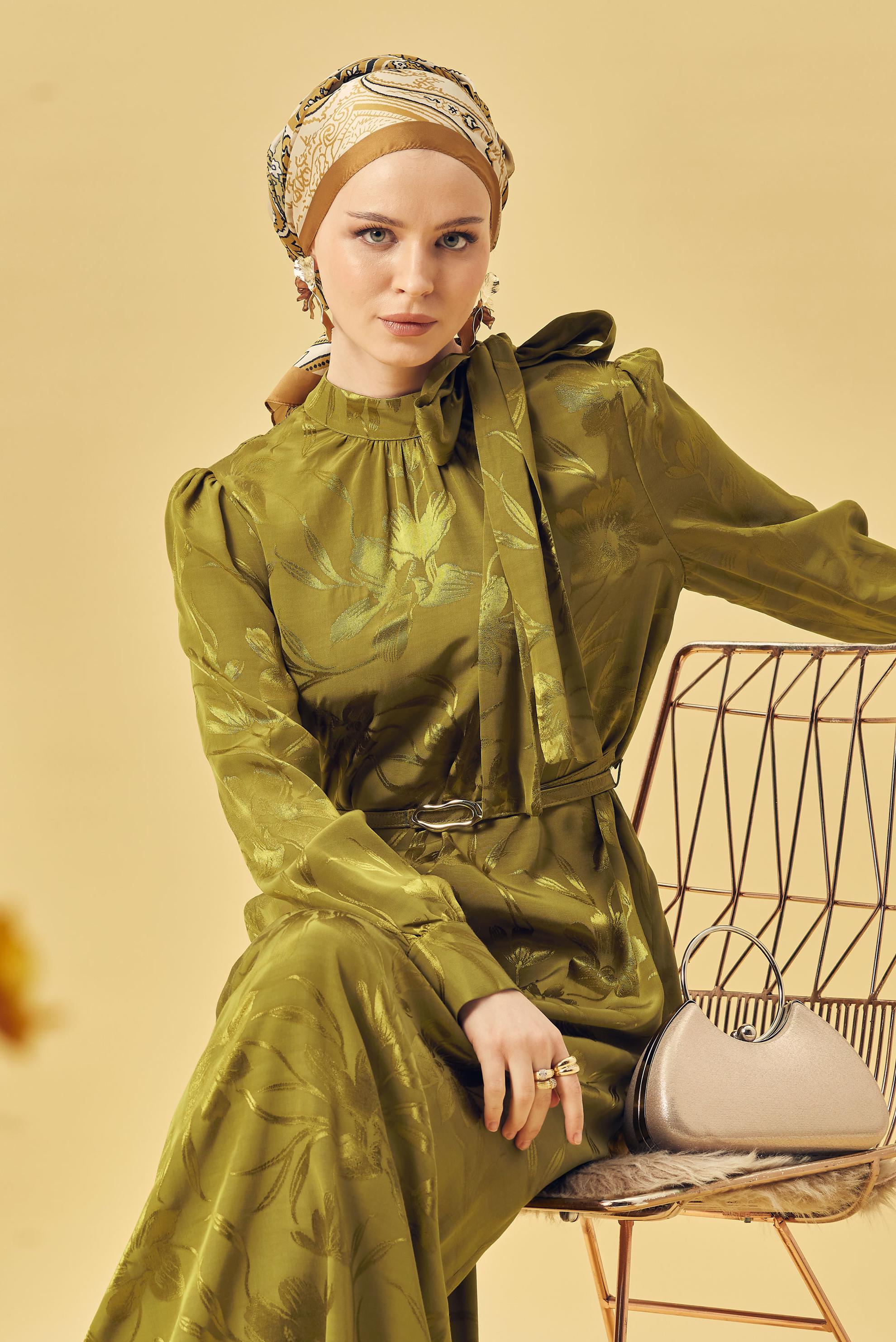 Hijab clothing BEIGE BELTED SATIN JACQUARD DRESS 46411