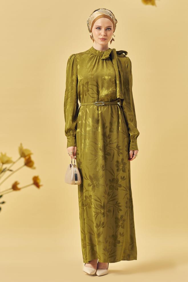 Hijab clothing BEIGE BELTED SATIN JACQUARD DRESS 46411 - ALVİNA