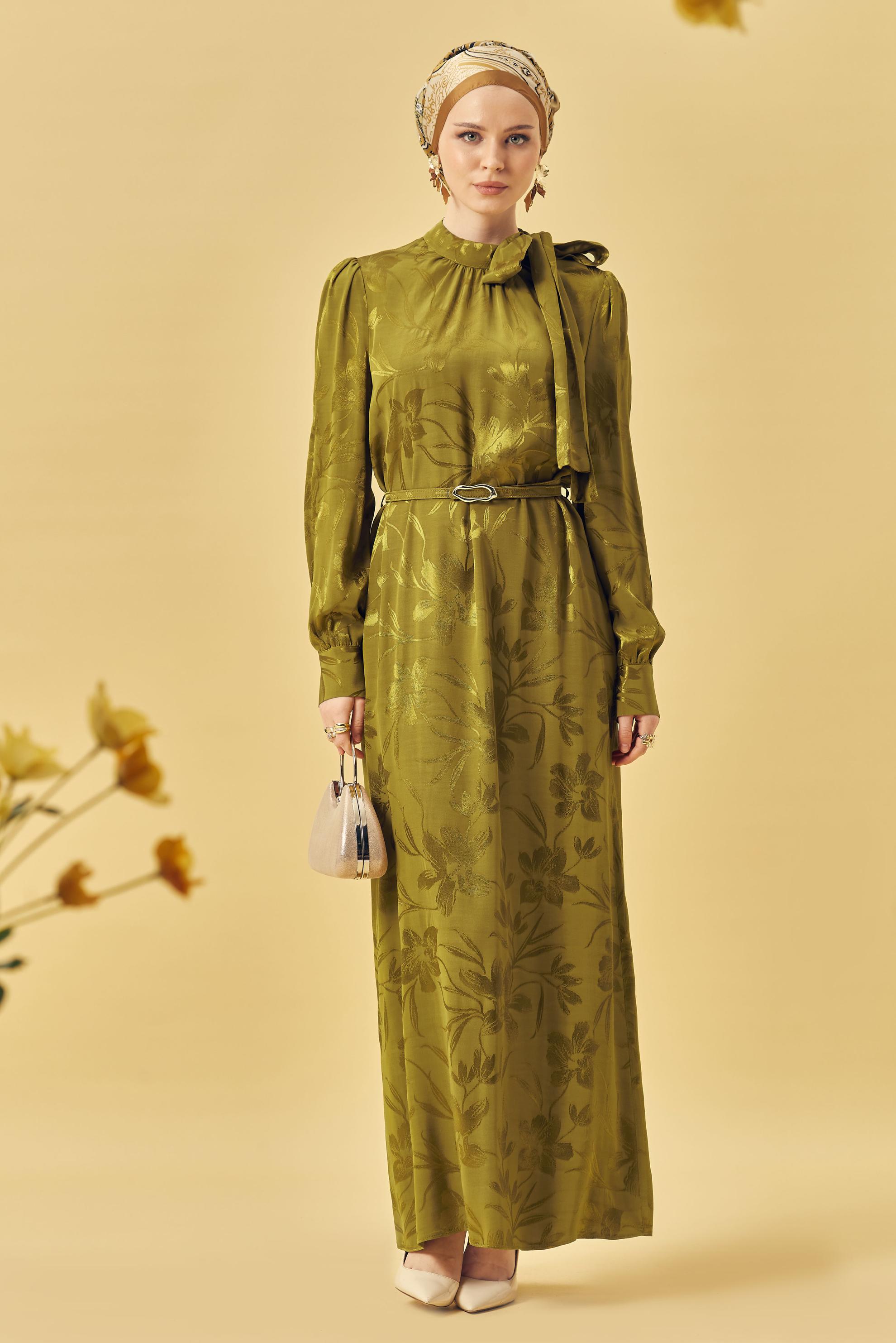 Hijab clothing BEIGE BELTED SATIN JACQUARD DRESS 46411