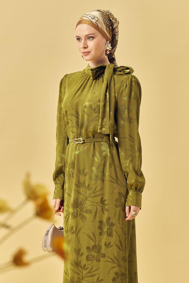 Hijab clothing BEIGE BELTED SATIN JACQUARD DRESS 46411 - ALVİNA