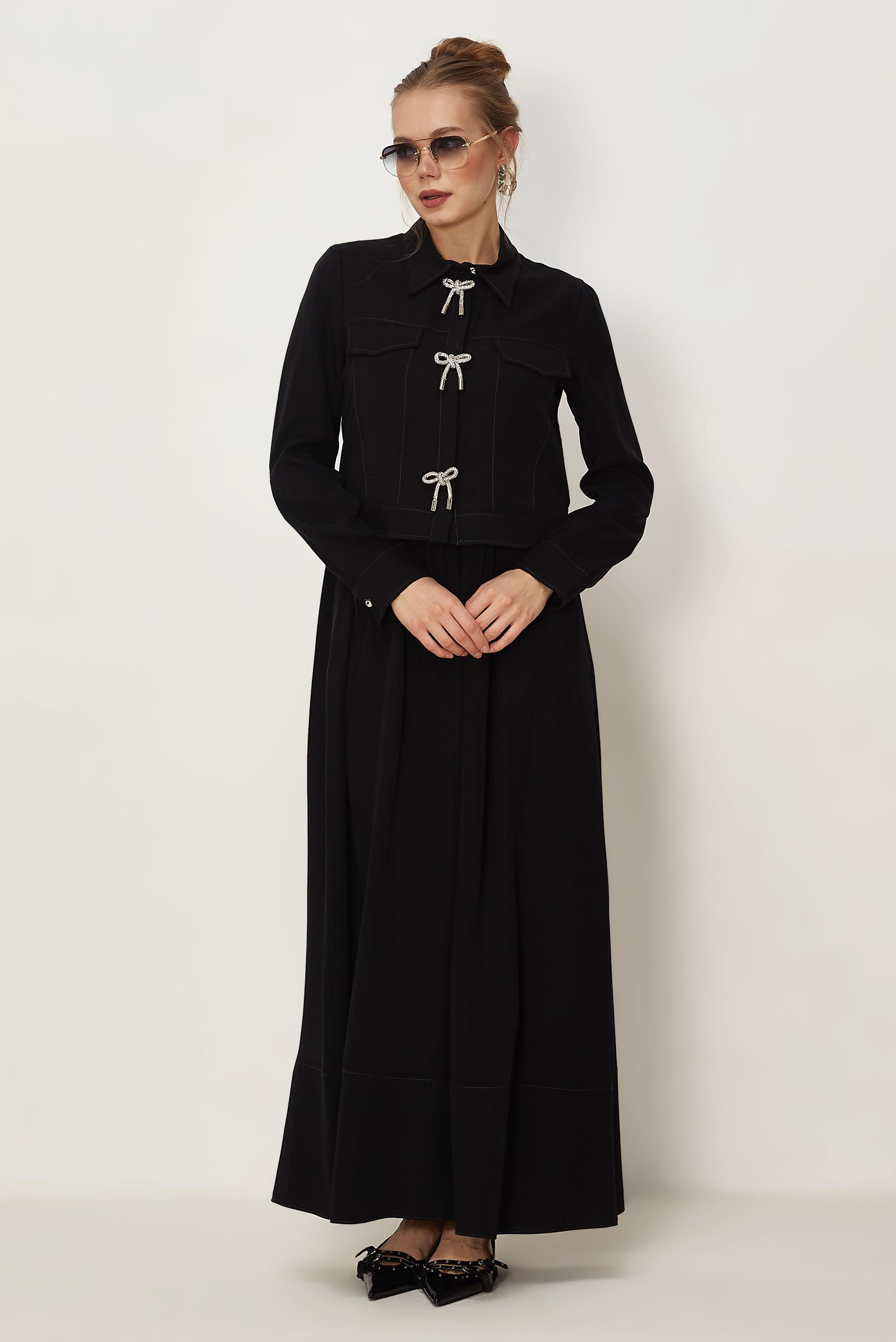 Hijab-Kleidung SCHWARZ SCHLEIFEN DETAILLIERTES KLEIDUNGSSET 46412