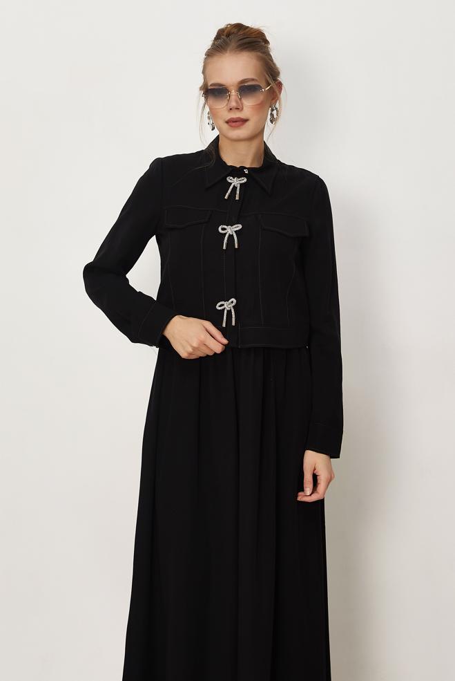 Hijab-Kleidung SCHWARZ SCHLEIFEN DETAILLIERTES KLEIDUNGSSET 46412 - ALVİNA