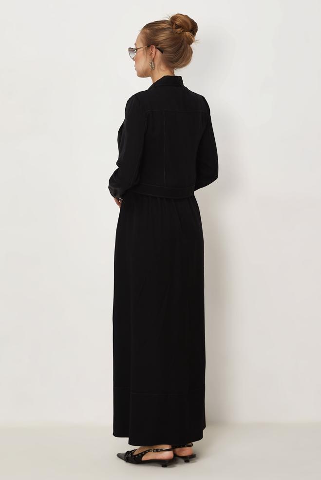 Hijab-Kleidung SCHWARZ SCHLEIFEN DETAILLIERTES KLEIDUNGSSET 46412 - ALVİNA