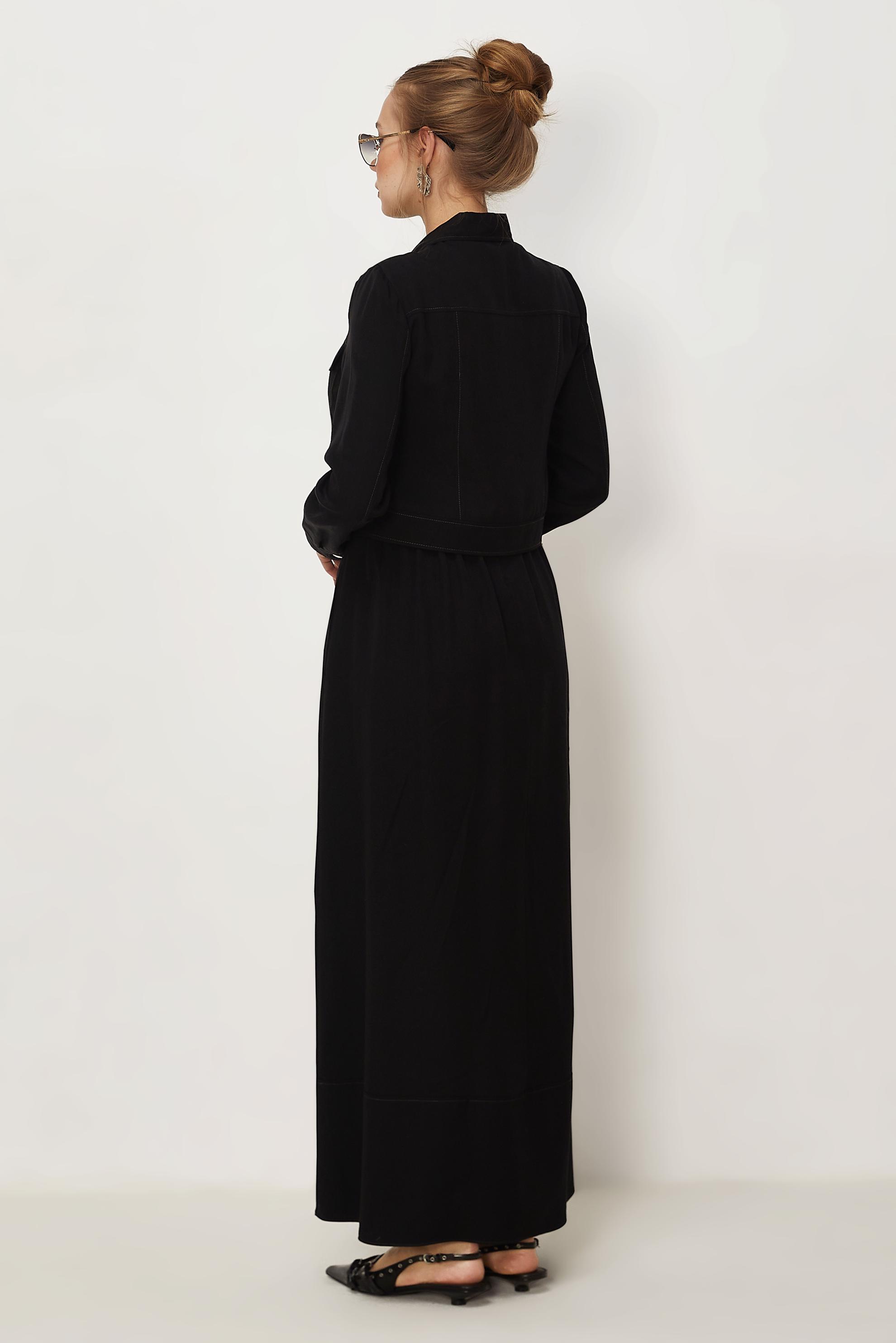 Hijab-Kleidung SCHWARZ SCHLEIFEN DETAILLIERTES KLEIDUNGSSET 46412