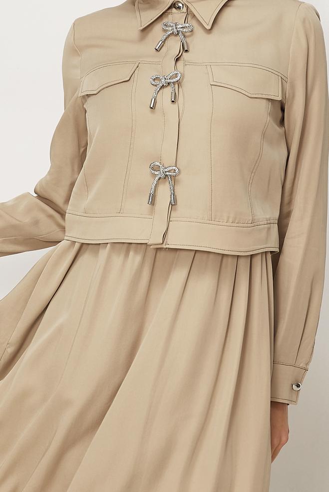 Hijab-Kleidung BEIGE SCHLEIFEN DETAILLIERTES KLEIDUNGSSET 46412 - ALVİNA