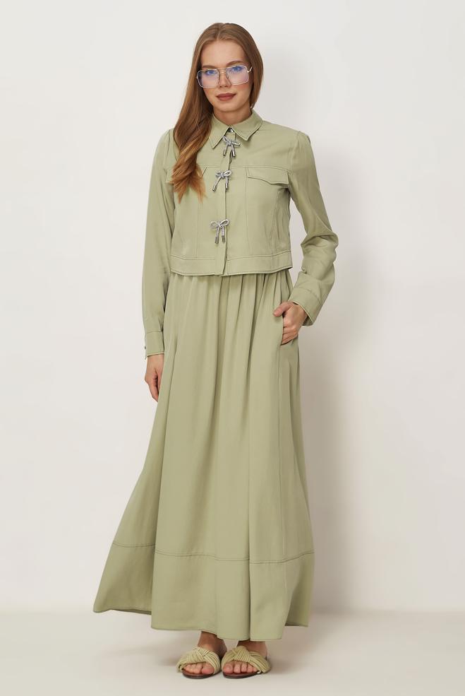 Hijab-Kleidung BEIGE SCHLEIFEN DETAILLIERTES KLEIDUNGSSET 46412 - ALVİNA