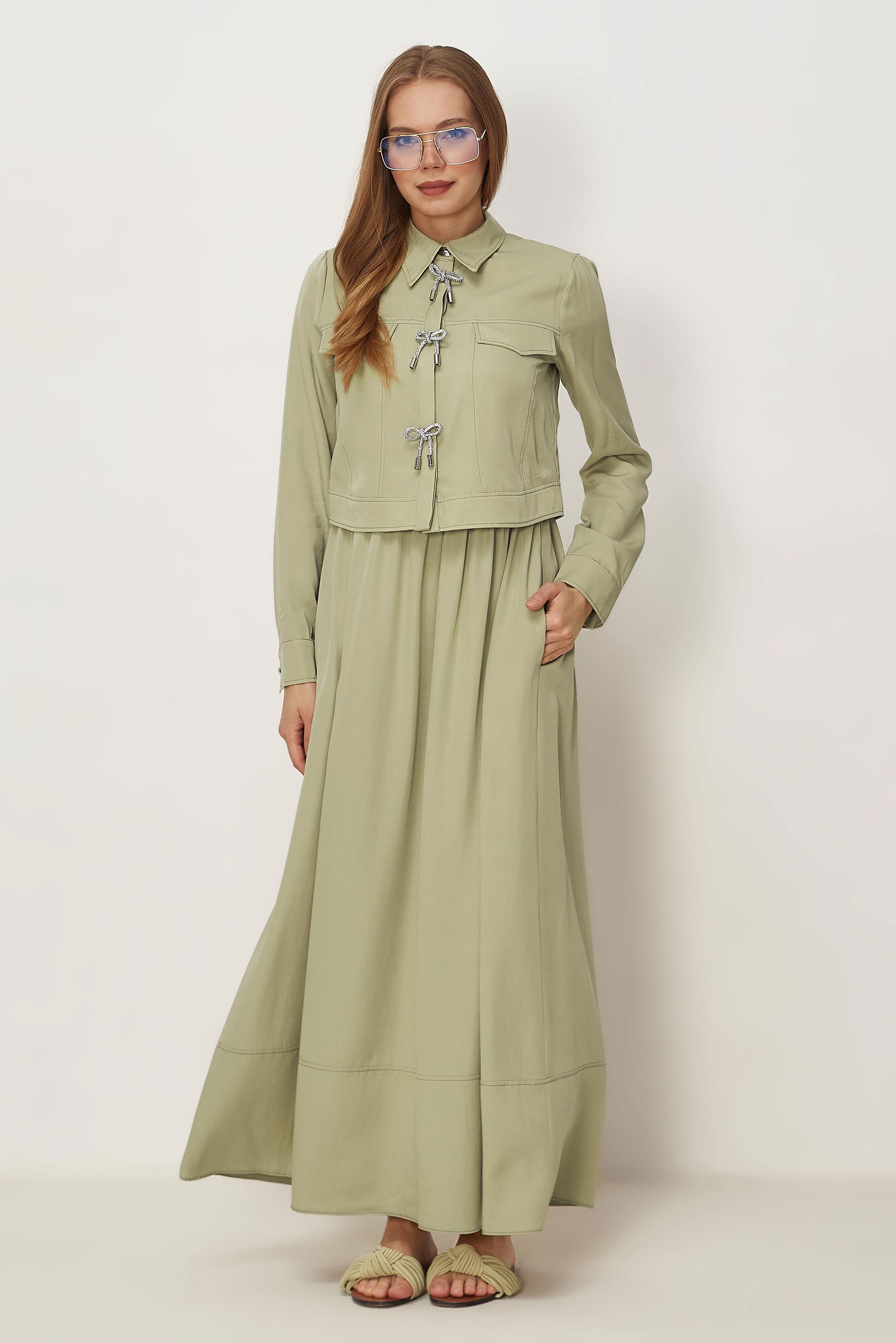 Hijab-Kleidung BEIGE SCHLEIFEN DETAILLIERTES KLEIDUNGSSET 46412