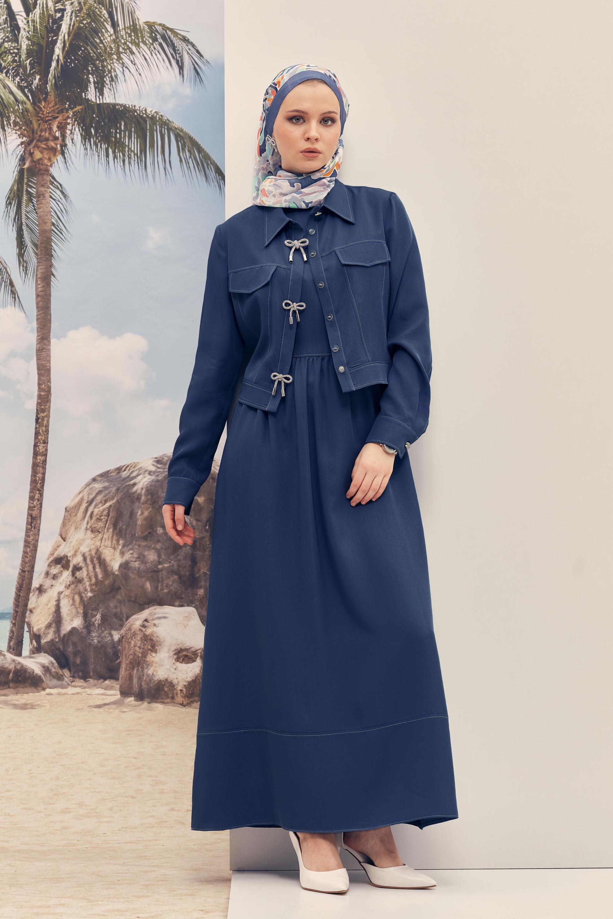 Hijab-Kleidung NAVY BLAU SCHLEIFEN DETAILLIERTES KLEIDUNGSSET 46412