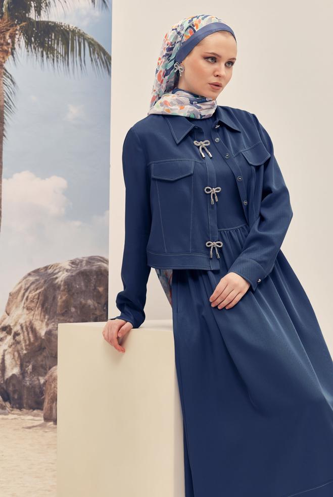 Hijab-Kleidung NAVY BLAU SCHLEIFEN DETAILLIERTES KLEIDUNGSSET 46412 - ALVİNA