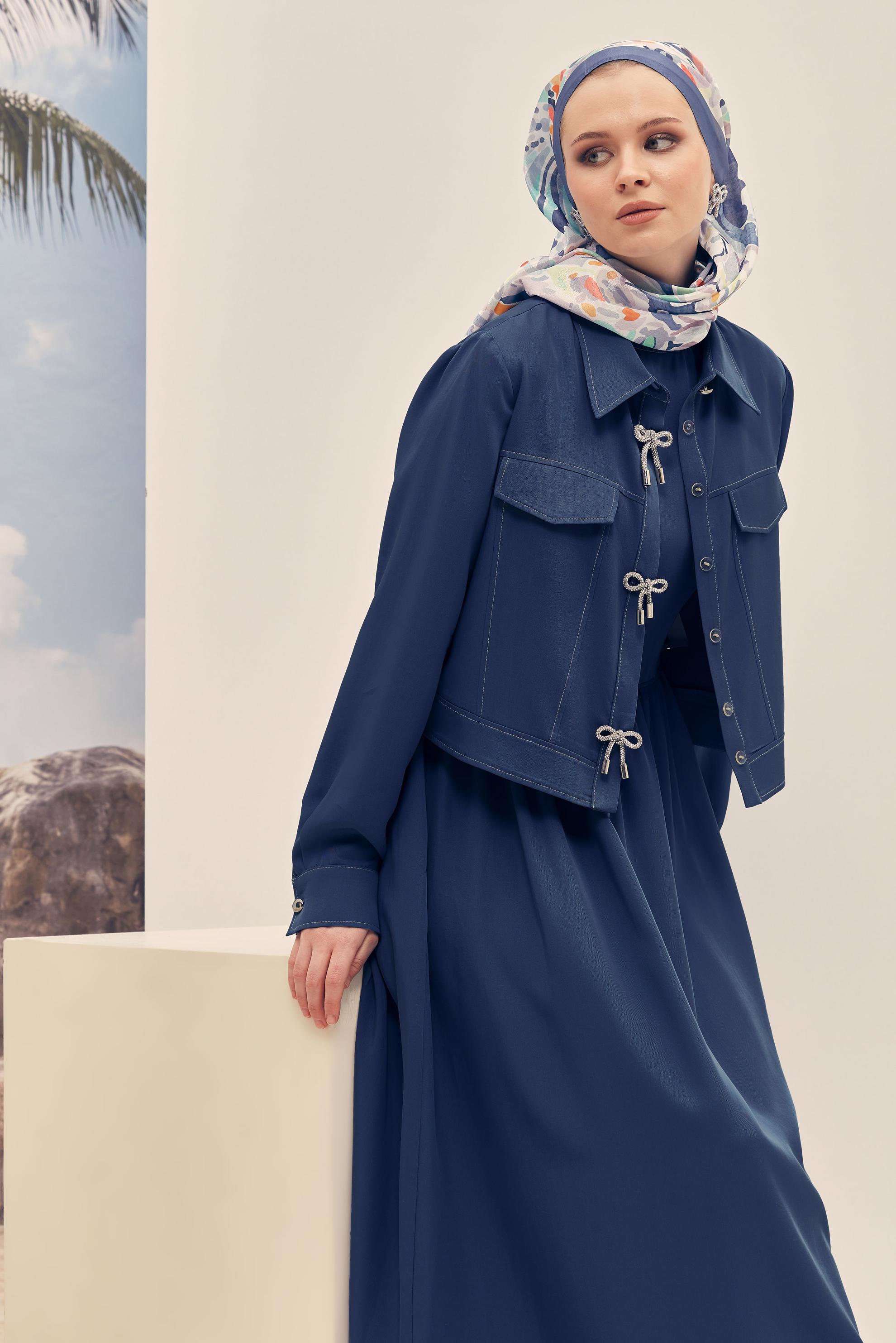 Hijab-Kleidung NAVY BLAU SCHLEIFEN DETAILLIERTES KLEIDUNGSSET 46412
