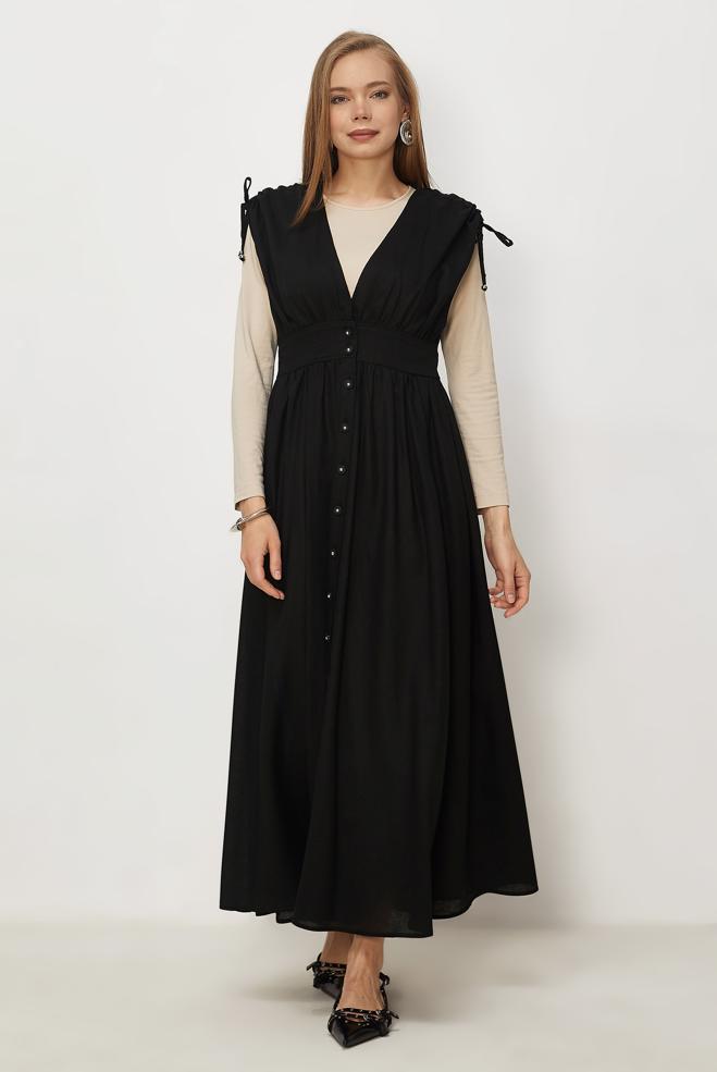 Hijab-Kleidung SCHWARZ TRÄGERKLEID AUS LEINEN 46416 - ALVİNA